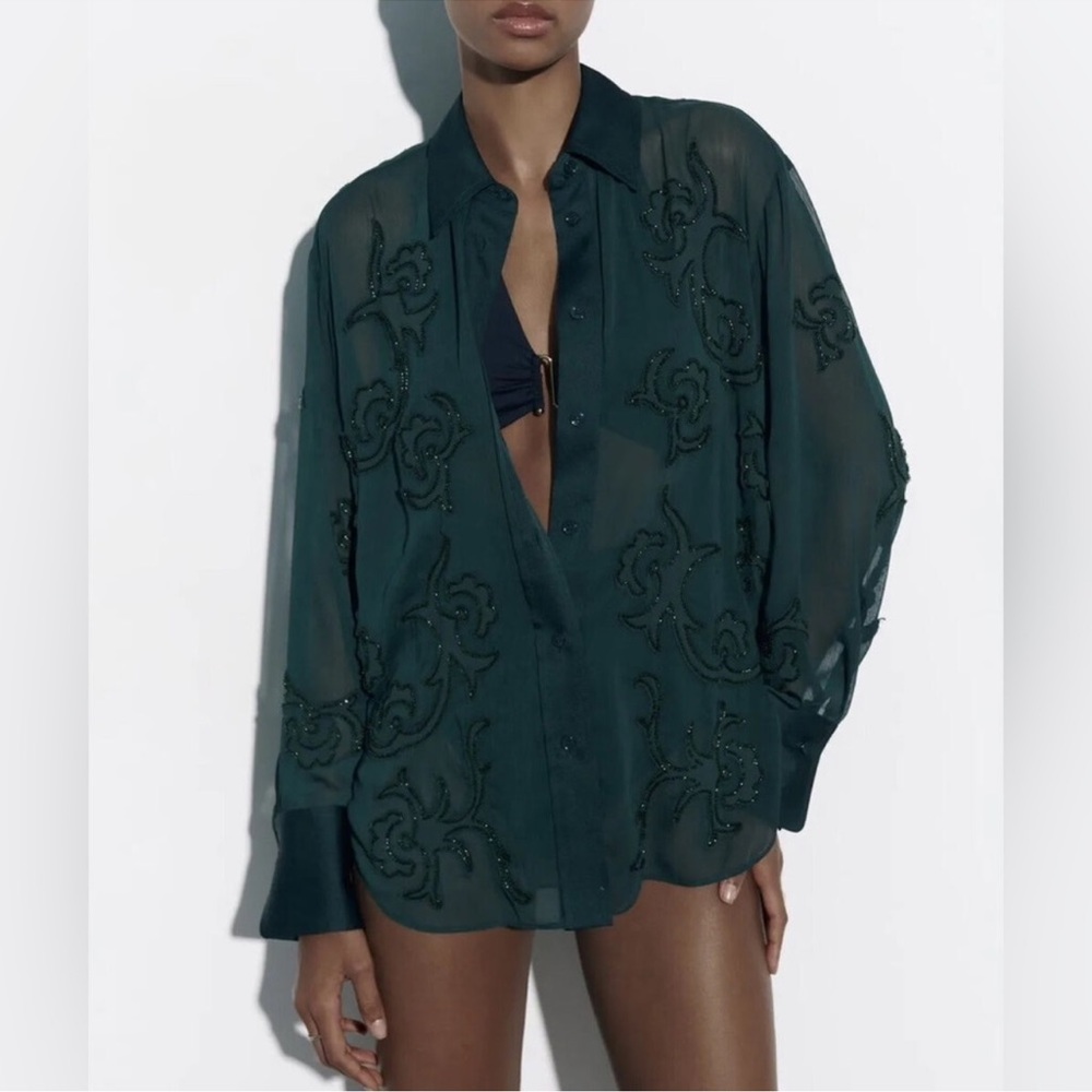 Zara Dark Green Sheer Button Down Shirt
